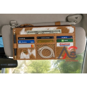 Genuine Cowhide Leather Car Sun Visor Organizer with Multi-Pockets Hanging Pocket <b>Pouch</b> Glasses Clip Pen Holder Car Accessories - Product Image 1