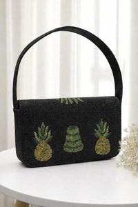 Sac à main en toile brodée à la main motif ananas, forme rectangulaire avec design lunettes de soleil, artisanat perlé, style estival - Product Image 3