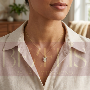 Collar con Colgante de Halo de Diamantes Ovalados en Oro Amarillo, Colgante de Halo Flotante con Marco Abierto y Barra de Sujeción para Mujer - Product Image 5