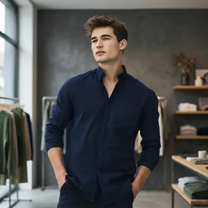 Men's 100% Cotton Satin Anti-Wrinkle Breathable Knitted Solid Color Turn-Down Collar Smart Casual <b>Summer</b> <b>Shirt</b> ODM - Product Image 1