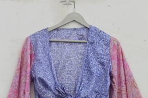 Nueva llegada seda hecha a mano verano campana manga Crop Top blusa pura seda Patchwork Crop Top para mujer - Product Image 5