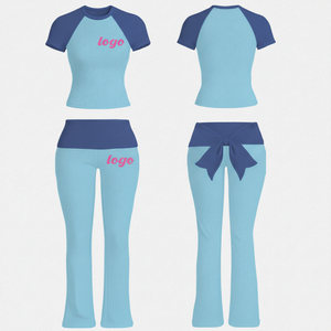 Ensemble de survêtement color block pour femme, manches courtes, col rond, jaune rose, décontracté, été, respirant, spandex, polyester, longueur intégrale - Product Image 3