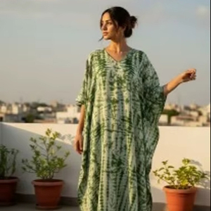 ชุดเดรสยาวคอวีทำมือแบบย้อมสีไทไดสำหรับผู้หญิง ฤดูใบไม้ร่วง/ฤดูหนาว แขนยาวเต็มตัว ผ้าฝ้าย 100% สวมใส่สบายๆ ขายส่ง - Product Image 1