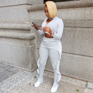 Conjunto de Dos Piezas Color Caqui para Mujer, Top de Manga Larga con Cuello en V y Pantalones con Rayas Laterales, Estilo Casual para Primavera/Verano, Corte Regular - Product Image 4