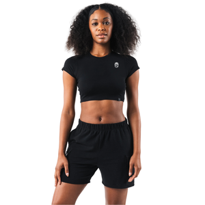 Top Corto de Manga Corta para Mujer, Negro, Elástico, para Gimnasio, Yoga, Entrenamiento - Product Image 1