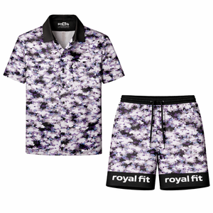Ensemble 2 pièces pour homme personnalisé, chemise et short camouflage violet, ensemble assorti décontracté à boutons, tenue streetwear - Product Image 1