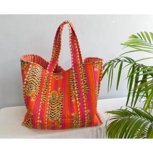 Bolsa de Mano de Algodón Hecha a Mano, con Estampado de Bloques, Acolchada, con Cierre Abierto, Estilo Boho, Reutilizable, para Compras, Casual, para Mujer, Verano, Otoño, Primavera - Product Image 4