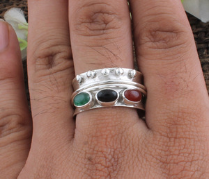 Anillo de Plata de Ley 925 con Múltiples Piedras Preciosas, Banda Lisa Minimalista, Joyería de Plata de Alto Brillo para Mujeres y Hombres, Anillos de Regalo de Aniversario - Product Image 3