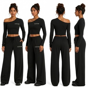 Ensemble de yoga pour femme, haut court à épaules dénudées et pantalon large, tenue de sport, ensemble fitness 2 pièces, survêtement d'entraînement, logo personnalisé - Product Image 4