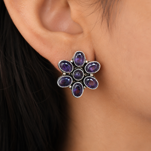 Trendy Antique Silver Brass Multi Stone Flower <b>Stud</b> <b>Earrings</b> Wholesale | Indian Ethnic Boho Manufacturer | Factory Direct Supply - Product Image 2