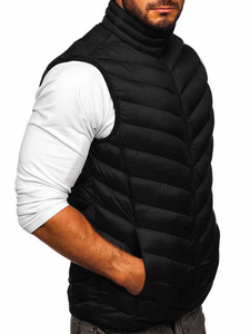 Chaleco Acolchado Negro para Hombre, Cuello Alto, Cierre de Cremallera, Cortavientos, Chaqueta Casual de Invierno, Corte Ajustado, Relleno de Poliéster - Product Image 5