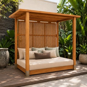 Moderna Cabaña de Madera de Teca Sólida para Exteriores con Cama de Día y Cojines, Acabado Bien Lijado para Muebles de Patio, Modelo KAR04 - Product Image 1