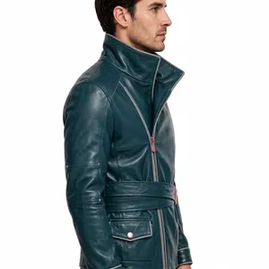 Veste en cuir pour homme, couleur or, col montant, fermeture éclair, ceinture à la taille, coupe-vent, veste décontractée - Product Image 2