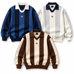 Sweat-shirt de rugby rayé brodé pour homme, coupe classique, en coton tricoté, col rabattu, vêtement décontracté pour l'automne, personnalisable - Product Image 1