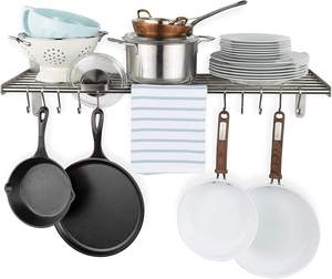 Stainless Steel Wall Shelf with <b>Hooks</b> for Hanging Pots Pans Chrome Finished <b>Kitchen</b> Organizer Rack - Product Image 1