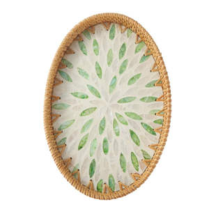 Plateau de service rond en rotin artisanal avec incrustation de nacre, rustique, multifonctionnel, pour la salle à manger, les réceptions et la décoration intérieure - Product Image 4