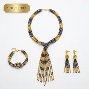Conjunto de Collar y Pendientes de Moda con Borlas y Cuentas Doradas para Mujer, Joyería a Rayas Morada y Amarilla para Bodas y Fiestas - Product Image 2