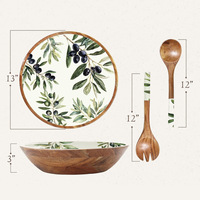 Grote Handgemaakte Mango Hout Slakom Met Emaille Print Houten Kom Voor Het Serveren Van Eco-Vriendelijke Hot Selling Product Groothandel Aanbiedingen