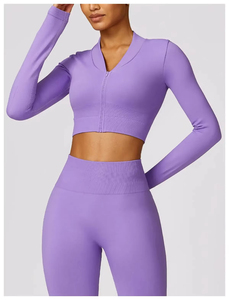 Women 3 Piece Activewear Set Purple Sports Bra <b>Flare</b> <b>Leggings</b> Long Sleeve Crop Jacket Yoga Workout Gym Fitness Clothing Set - Product Image 5