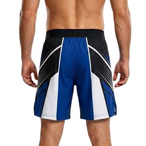 Shorts MMA bleu électrique à design angulaire, avec fentes latérales, en tissu haute performance, pour entraînement de kickboxing pour hommes. - Product Image 2
