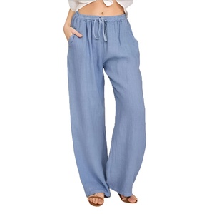 Pantalon large pour femme, taille haute, cordon de serrage, en lin et coton, coupe ample, couleur unie, décontracté, été, longueur entière, avec poches - Product Image 5