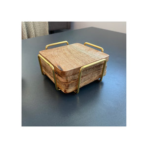 Square Wooden <b>Coasters</b> <b>With</b> Elegant Gold <b>Holder</b> <b>Set</b> Perfect For Coffee Tea Cups Home Kitchen Table Decor And Guest Serving - Product Image 2