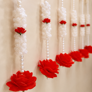 Guirnalda Colgante de Rosas Blancas y Perlas, Decoración de Pared con Flores Rojas, Toran Hecho a Mano para Decoración de Bodas, Hogar y Mandir - Product Image 3