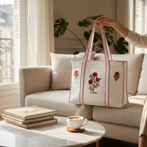 Sac fourre-tout indien en coton matelassé, broderie rose, imprimé au bloc à la main, écologique, réutilisable, blanc, style bohème à pois vintage, pour le shopping - Product Image 4
