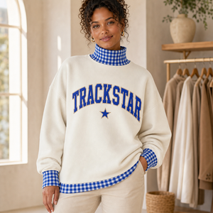 Sweat-shirt à col montant pour femme, ivoire, avec bordure en gingham bleu roi, appliqué universitaire, bordure marron, motif étoile, Trackstar, personnalisé, OEM, pull-over - Product Image 1