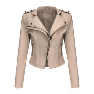 Chaqueta de cuero Beige para mujer Slim Fit Punk Moto Biker estilo con remache cuello de solapa cremallera asimétrica transpirable a un precio - Product Image 1