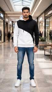 Men's Black <b>White</b> Color Block Hoodie Casual Pullover <b>Sweatshirt</b> With Front Pocket - Product Image 4