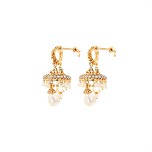 Vintage South Indian Brass Hoop Drop Earrings with Diamond and Pearl for Wedding Party - Product Image 2