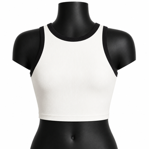 Débardeur côtelé blanc pour femme, col rond, sans manches, style minimaliste, respirant, en tissu Spandex et Polyester - Product Image 1