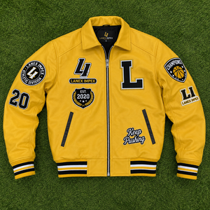 แจ็คเก็ตหนังสีเหลืองแบบกำหนดเองสำหรับผู้ชาย แจ็คเก็ต Letterman Bomber พร้อมป้ายปักไหมพรม  ผู้ผลิต OEM ODM - Product Image 6