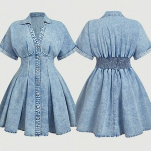 Vintage Wash Smocked Waist Denim Mini Dress This dress features a deep V neckline with a notched collar and a full length button - Product Image 3