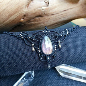 Handmade Labradorite Macrame Choker <b>Necklace</b> Black Cord Boho Gothic Jewelry Natural Labradorite Stone <b>Statement</b> <b>Necklace</b> - Product Image 3