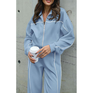 Light Blue Tracksuit <b>Set</b> Full Zip Long Sleeve Loose Fit Side Stripe Casual Sportswear <b>Knitted</b> Polyester Two Piece Outfit - Product Image 2