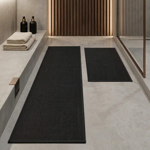 Modern Black Rectangle Bath <b>Mats</b> <b>Set</b> of 2 Non-Slip Woven Polypropylene Floor Rugs for Home <b>Bathroom</b> Use - Product Image 1