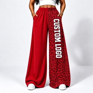 Unisex Wide Leg Sweatpants Patchwork Leopard Print Customize Design Elastic Waist <b>Loose</b> <b>Trousers</b> OEM All Colors Sizes Available - Product Image 1