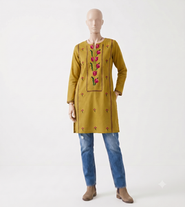 Kurti Tunique Jaune Brodé à la Main pour Femme, Manches Longues, Style Indien Pakistanais, Motifs Floraux, Idéal pour les Fêtes Estivales - Product Image 5