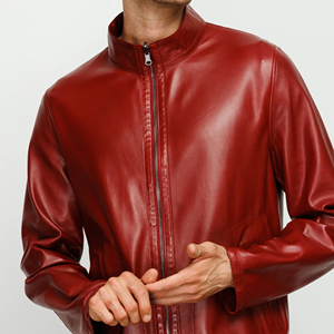 Chaqueta de Motociclista Delgada de Cuero Genuino Rojo para Hombre, Cuello Alto, Cierre de Cremallera, Manga Regular, Color Sólido, para Otoño - Product Image 6