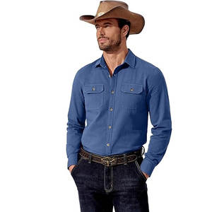 เสื้อเชิ้ตคาวบอยสไตล์ตะวันตกสำหรับผู้ชาย แข็งแรง ทนทาน แท้ๆ แขนยาว ผ้าฝ้าย 100% ติดกระดุม  แบบคลาสสิก มีกระเป๋าที่คอเสื้อและกระเป๋าที่อก - Product Image 2