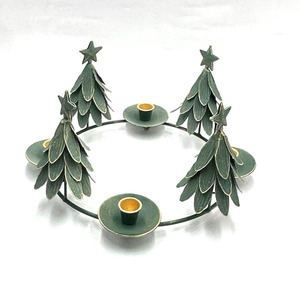 Distressed <b>Green</b> Metal Christmas Tree <b>Candle</b> Holder Ring Featuring Four Star-Topped Trees And <b>Candle</b> Cups For Holiday Decoration - Product Image 5