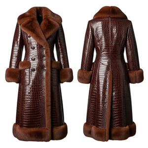 Unisex Long Real Leather Breathable Windproof Trench <b>Coat</b> Fur Trim Belted Warm <b>Winter</b> Outerwear Solid Color Elegant Style Full - Product Image 4