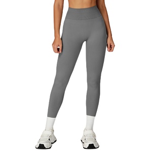 High Waist Full Length Solid Gray <b>Knitted</b> <b>Leggings</b> Women's Stretch Breathable Yoga Sport Pants - Product Image 1