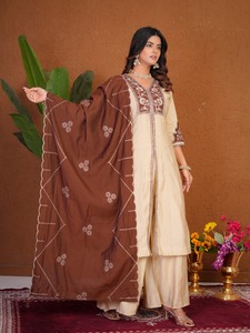 Conjunto de traje Anarkali de seda romana para mujer con bordado multihilo y trabajo manual |   Palazzo y Dupatta |   Proveedor B2B - Product Image 3