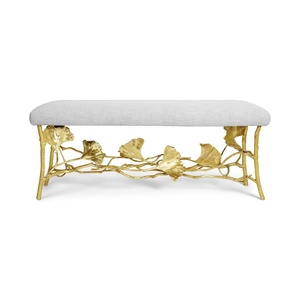 saleem international 2026 Luxury Upholstered <b>Bench</b> with Gold <b>Metal</b> Ginkgo Leaf Base Decorative Entryway or Bedroom Seating - Product Image 5