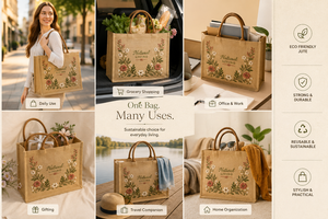 Bolsa de Yute Premium con Bordado Floral, Bolsa de Compras Reutilizable Ecológica, Estilo Bohemio, Diseño Natural, para la Playa o Uso Diario - Product Image 3