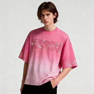 T-shirt unisexe personnalisé à strass, col rond, effet délavé, épaules tombantes, motif diamant, coupe oversize épaisse pour homme - Product Image 1