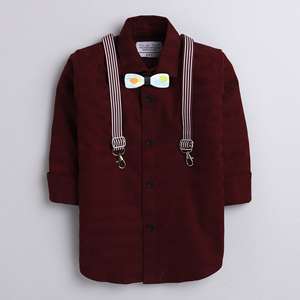 เสื้อปาร์ตี้ลายจุดพร้อมโบว์ไม้และสายแขวนลายสีน้ำตาลแดง - Product Image 1